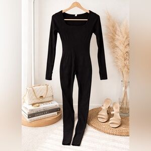 Black Ribbed Catsuit Jumpsuit Long Sleeve Scoop Neck Lounge Bodysuit M